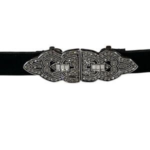 LRL- Suede Black Leather Belt with Jeweled Belt Buckle